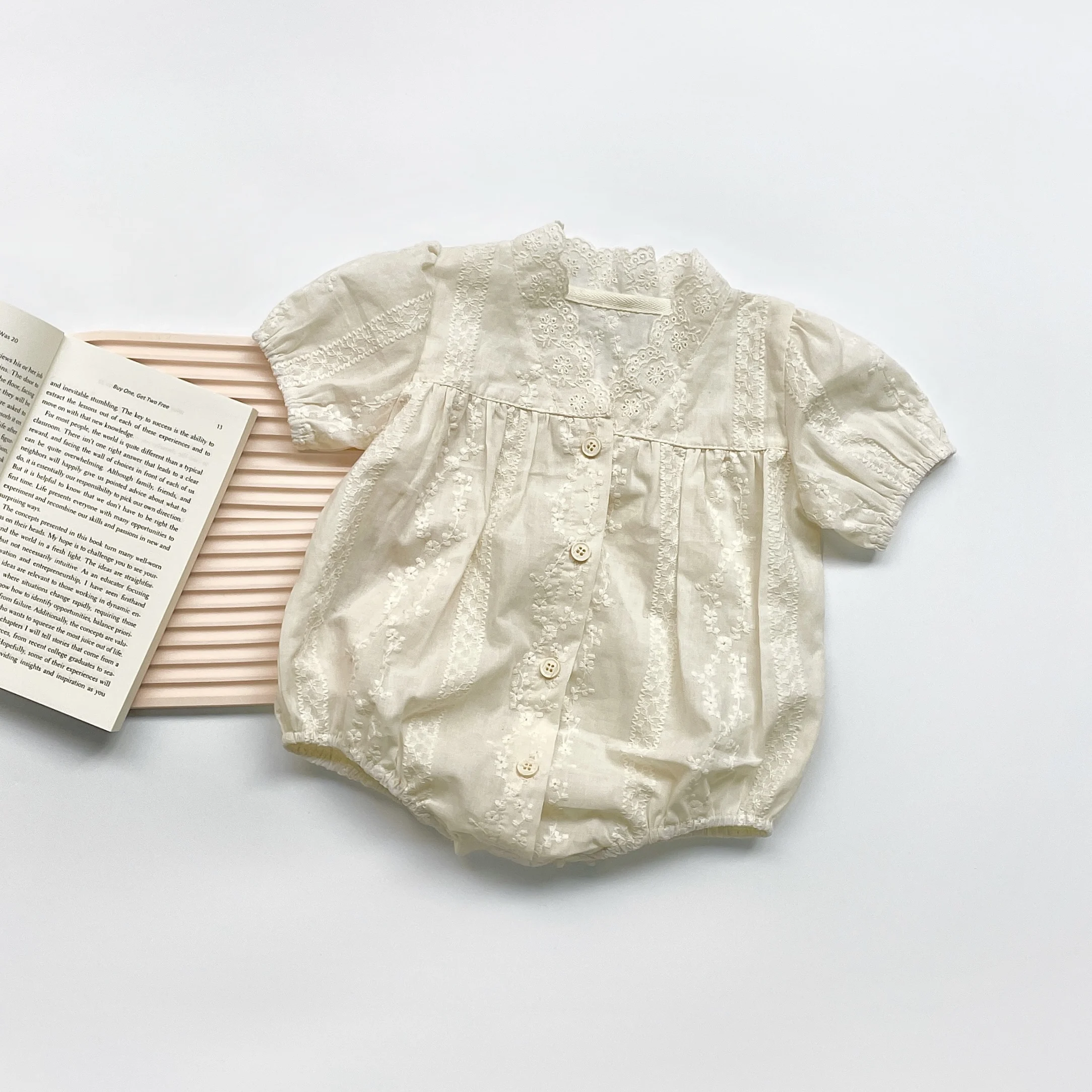 FLM Summer Baby Romper Short Sleeves Princess Lace Collar Solid Color Baby Bodysuit Thin 0-2 Years Old