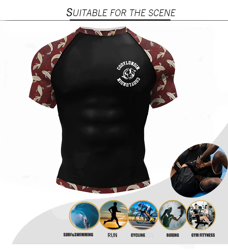 Cody BJJ Rash Guard Mens Jiu Jitsu MMA Compression Tops Fightwear Short Sleeve Westling Boxing Training Muay Thai Stretch Shirt