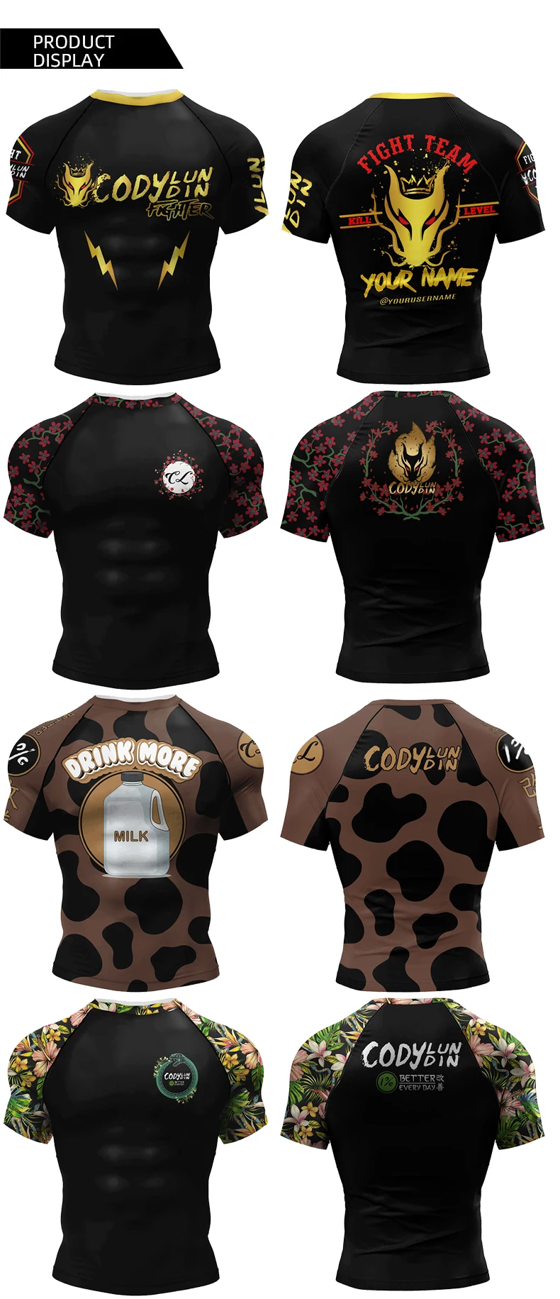 Cody BJJ Rash Guard Mens Jiu Jitsu MMA Compression Tops Fightwear Short Sleeve Westling Boxing Training Muay Thai Stretch Shirt