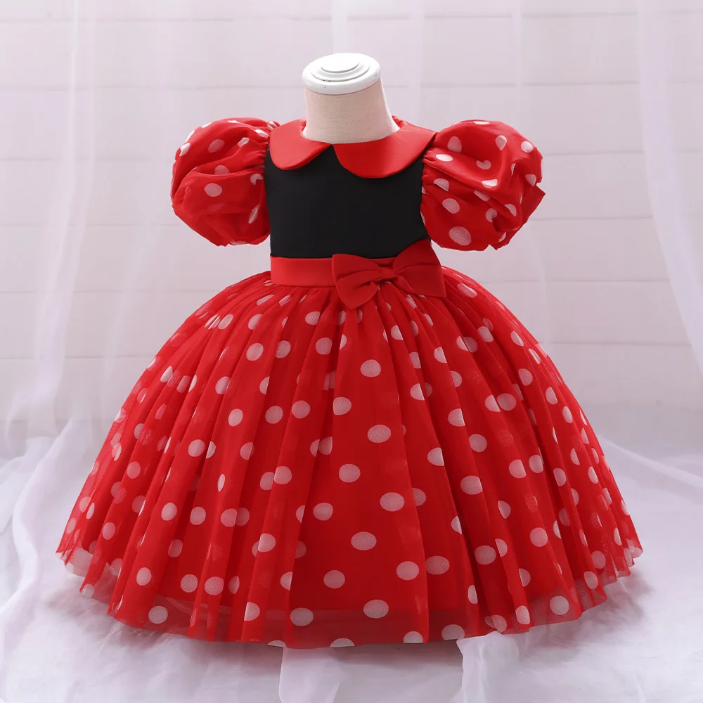 Girls Red Christmas Party Dress Puff Sleeve Bow Tulle Princess Wedding Birthday Dresses for Kids Polka Dot Birthday Prom Costume