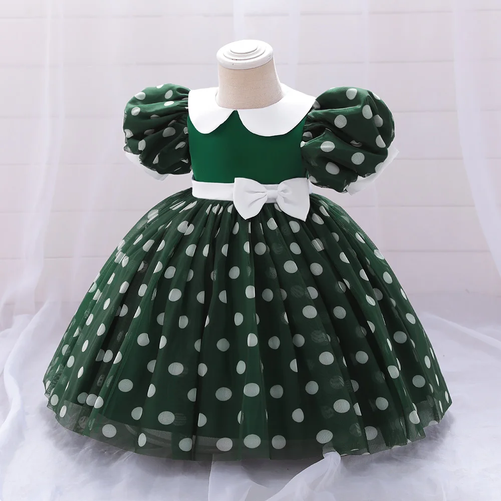 Girls Red Christmas Party Dress Puff Sleeve Bow Tulle Princess Wedding Birthday Dresses for Kids Polka Dot Birthday Prom Costume