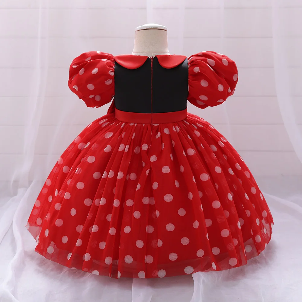 Girls Red Christmas Party Dress Puff Sleeve Bow Tulle Princess Wedding Birthday Dresses for Kids Polka Dot Birthday Prom Costume