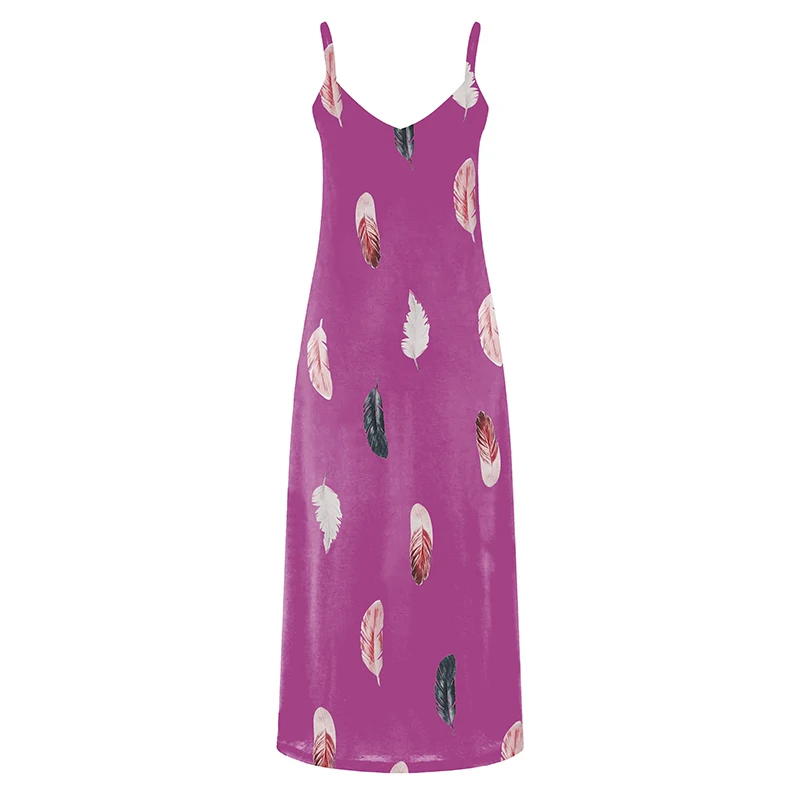 8Colour All-Season Chic Feather Print Maxi Dress Casual V-Neck Comfort Stretch Easy Care