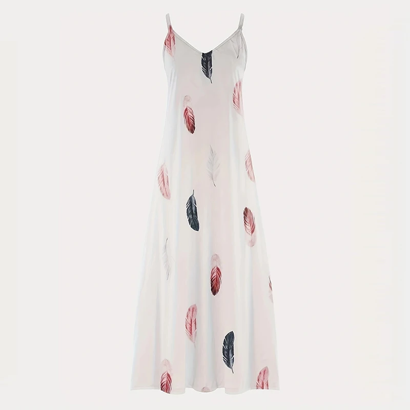 8Colour All-Season Chic Feather Print Maxi Dress Casual V-Neck Comfort Stretch Easy Care