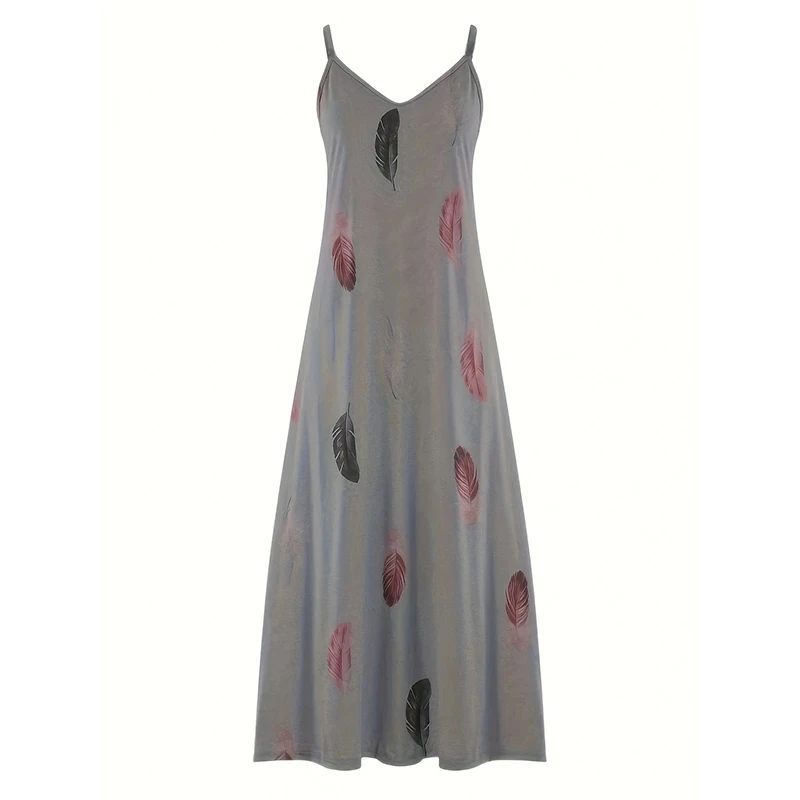 8Colour All-Season Chic Feather Print Maxi Dress Casual V-Neck Comfort Stretch Easy Care