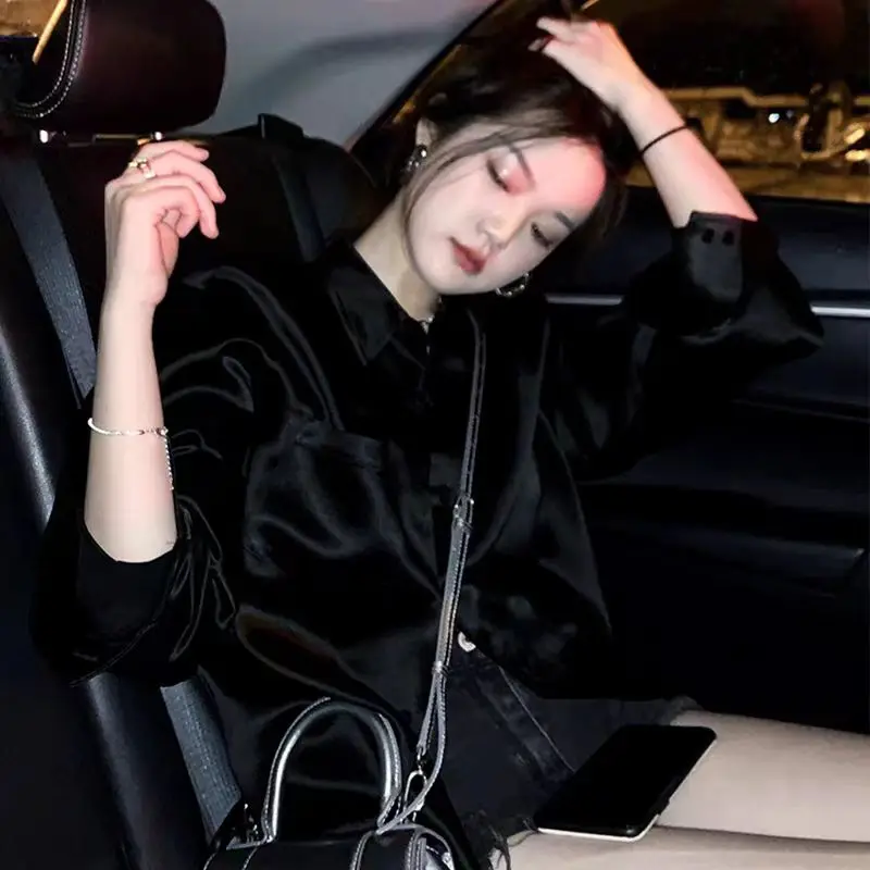 Spring White Satin Women Shirts Long Sleeve Button Solid Color Blouse Casual Office Lady Shirt Elegant Female Tops Fashion