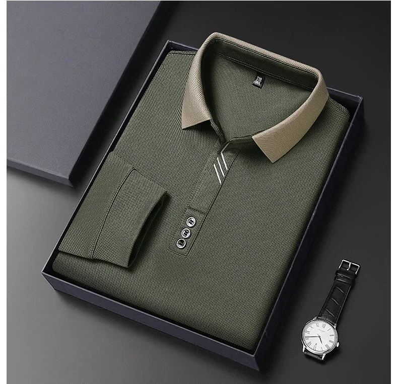 New Men's Long-sleeved Polo Shirt Sweatwear Business Casual Top Fashion Classic Solid Color Male Brand Basic V-neck Top