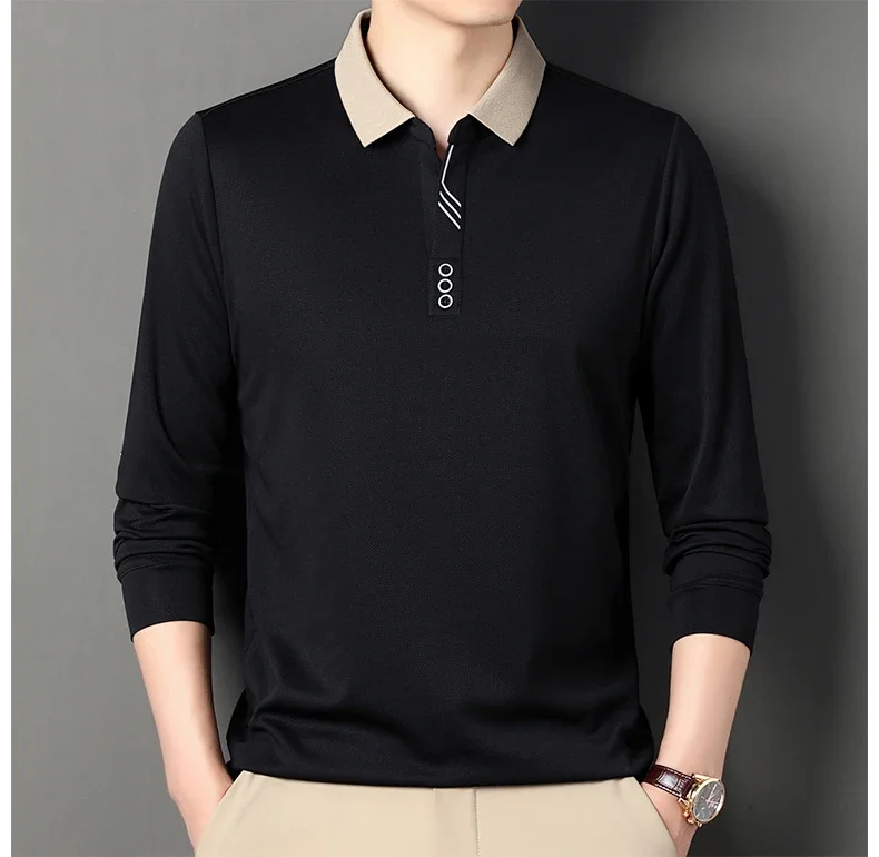 New Men's Long-sleeved Polo Shirt Sweatwear Business Casual Top Fashion Classic Solid Color Male Brand Basic V-neck Top