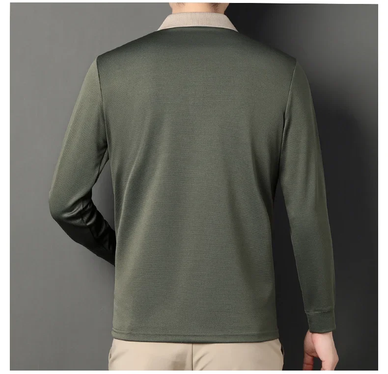 New Men's Long-sleeved Polo Shirt Sweatwear Business Casual Top Fashion Classic Solid Color Male Brand Basic V-neck Top