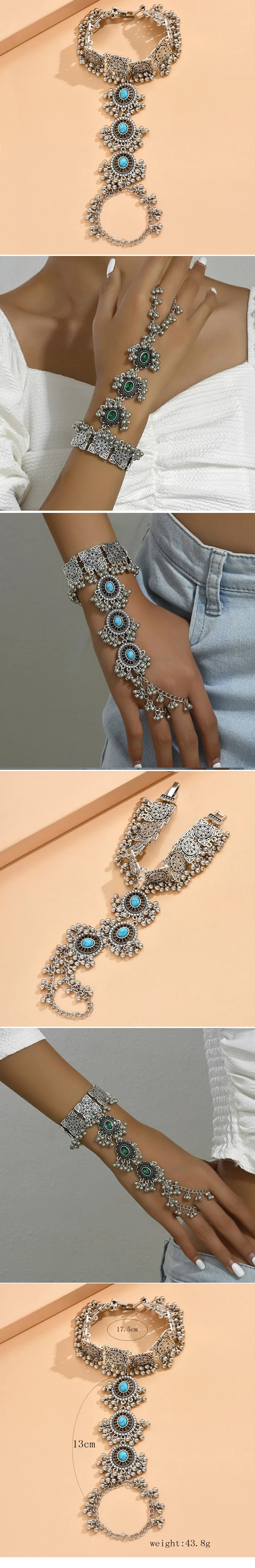 KMVEXO Ethnic Resin Female Mitten Tassel Bracelet Vintage Silver Color Punk Hand Bracelets Ring Jewelry For Women Party Vocation