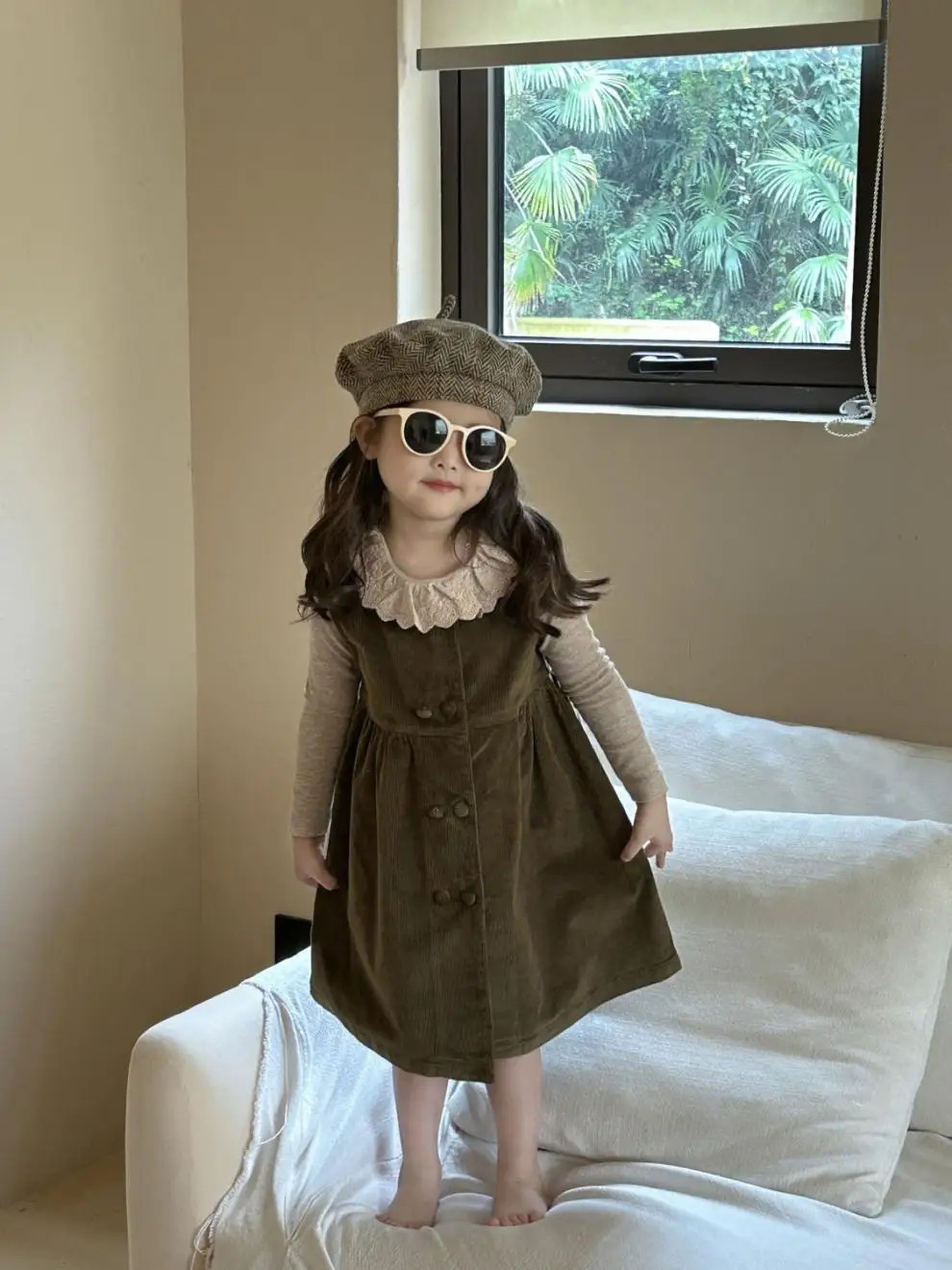 Girls Dress 2024 Spring New Small and Medium School Children Fashionable Double Breasted Corduroy Sleeveless Vest Skirt