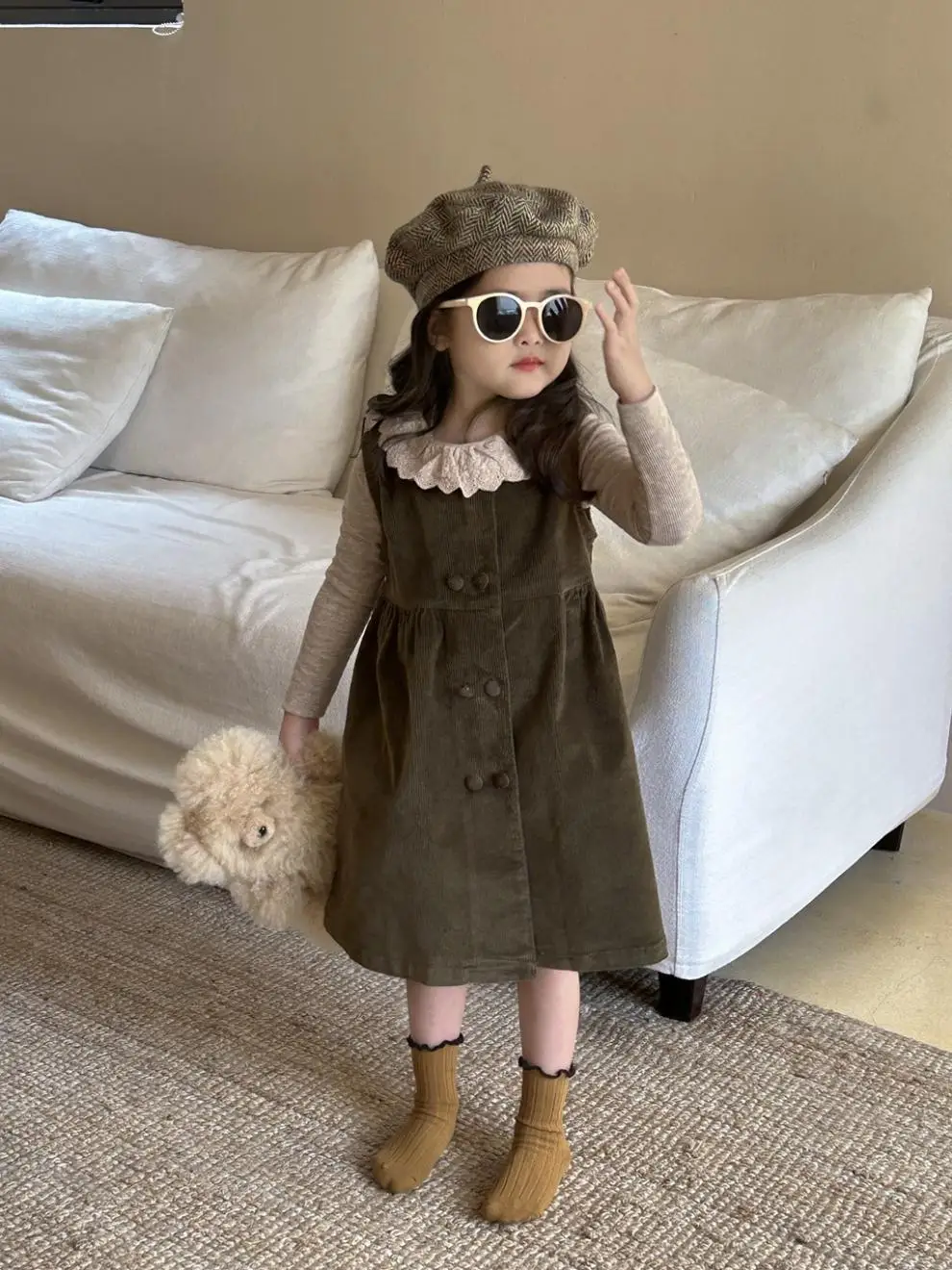 Girls Dress 2024 Spring New Small and Medium School Children Fashionable Double Breasted Corduroy Sleeveless Vest Skirt