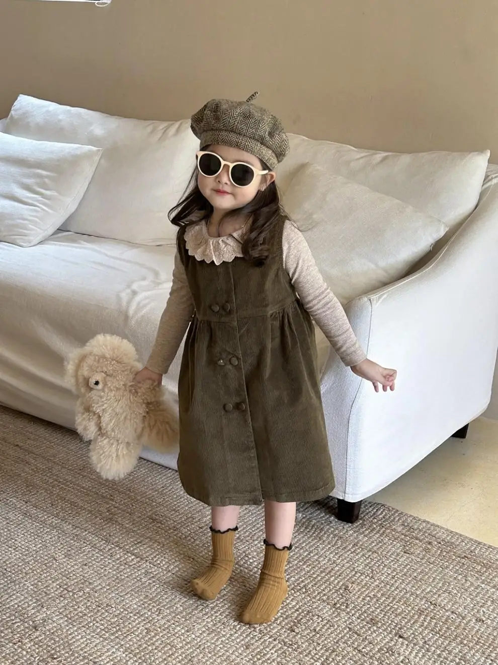 Girls Dress 2024 Spring New Small and Medium School Children Fashionable Double Breasted Corduroy Sleeveless Vest Skirt