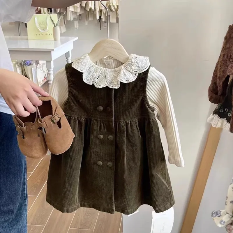 Girls Dress 2024 Spring New Small and Medium School Children Fashionable Double Breasted Corduroy Sleeveless Vest Skirt