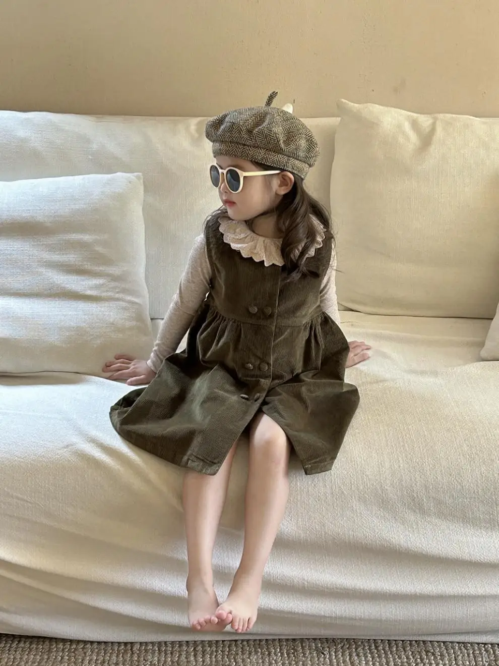 Girls Dress 2024 Spring New Small and Medium School Children Fashionable Double Breasted Corduroy Sleeveless Vest Skirt