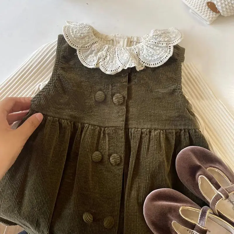 Girls Dress 2024 Spring New Small and Medium School Children Fashionable Double Breasted Corduroy Sleeveless Vest Skirt