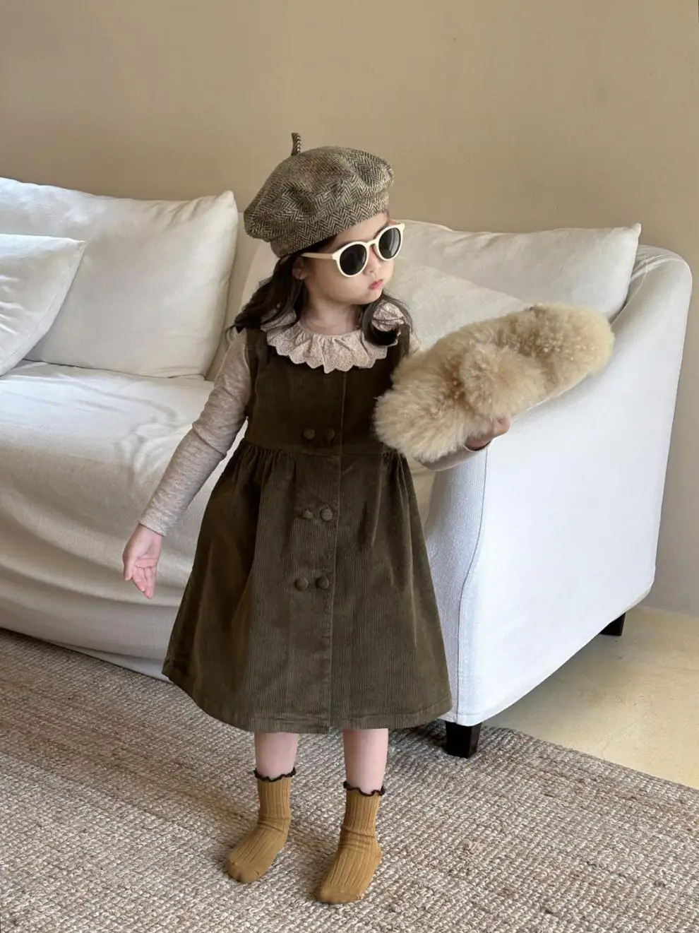 Girls Dress 2024 Spring New Small and Medium School Children Fashionable Double Breasted Corduroy Sleeveless Vest Skirt