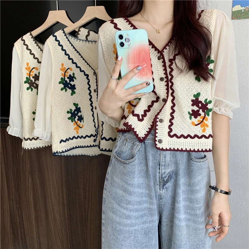 Flower Embroidery Crochet Blouse with Chiffon Sleeve Button Front Cardigan Top Women Spring Summer Fairycore Cottagecore