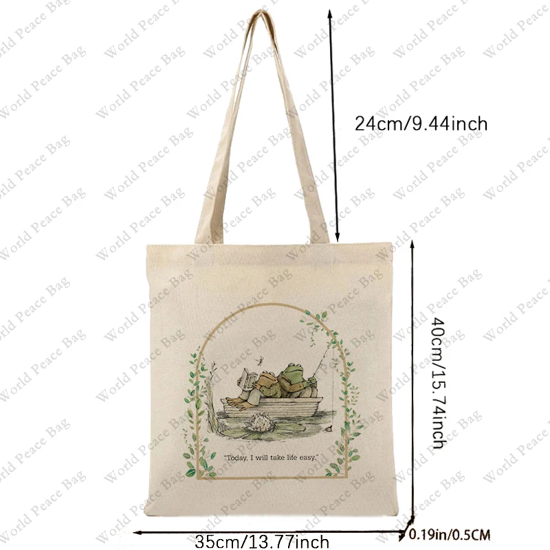 1 PC Vintage Classic Book Frog and Toad Pattern Tote Bag Canvas Shoulder Bag For Travel Daily Commute Women's Reusable Shopping