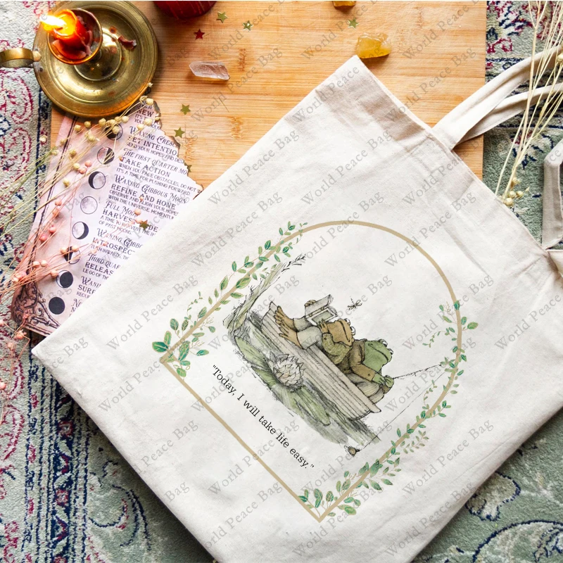 1 PC Vintage Classic Book Frog and Toad Pattern Tote Bag Canvas Shoulder Bag For Travel Daily Commute Women's Reusable Shopping