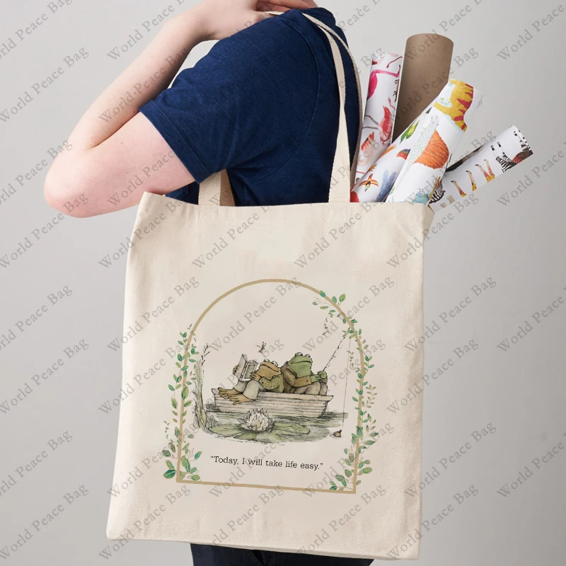 1 PC Vintage Classic Book Frog and Toad Pattern Tote Bag Canvas Shoulder Bag For Travel Daily Commute Women's Reusable Shopping