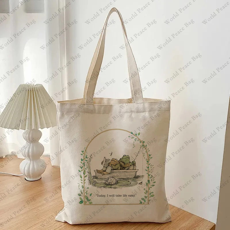1 PC Vintage Classic Book Frog and Toad Pattern Tote Bag Canvas Shoulder Bag For Travel Daily Commute Women's Reusable Shopping