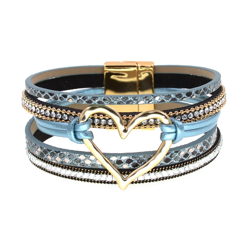 WELLMORE BOHO Leather Bracelet Heart Women Bracelets Magenet Charm Bracelet Fashion Jewelry
