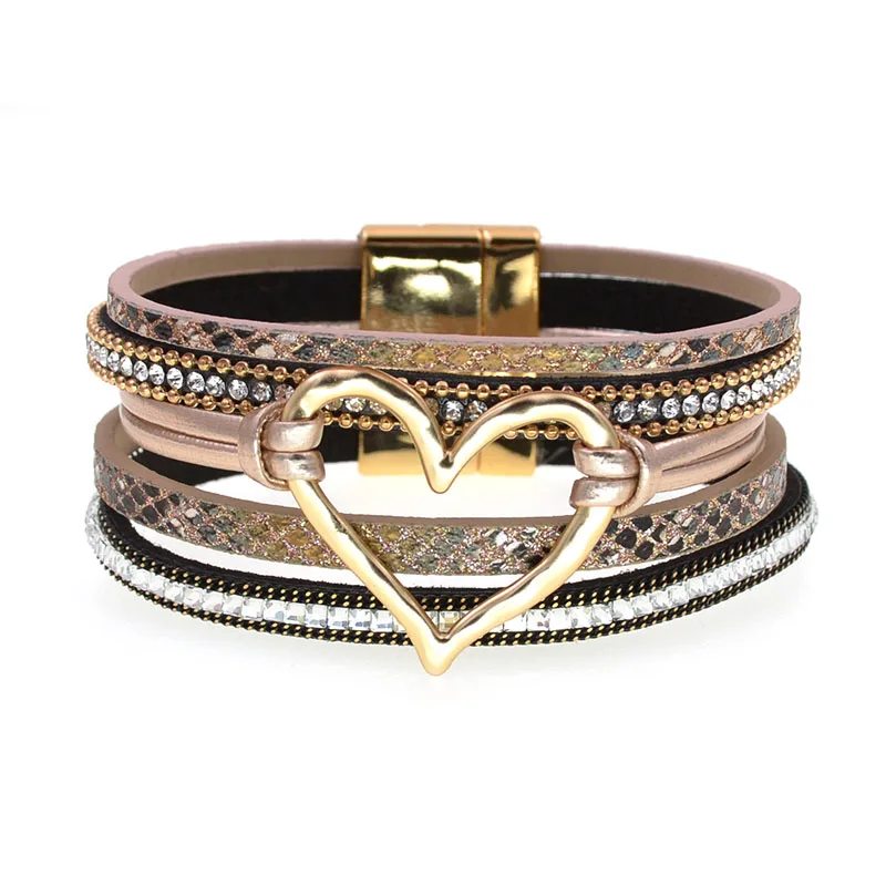WELLMORE BOHO Leather Bracelet Heart Women Bracelets Magenet Charm Bracelet Fashion Jewelry