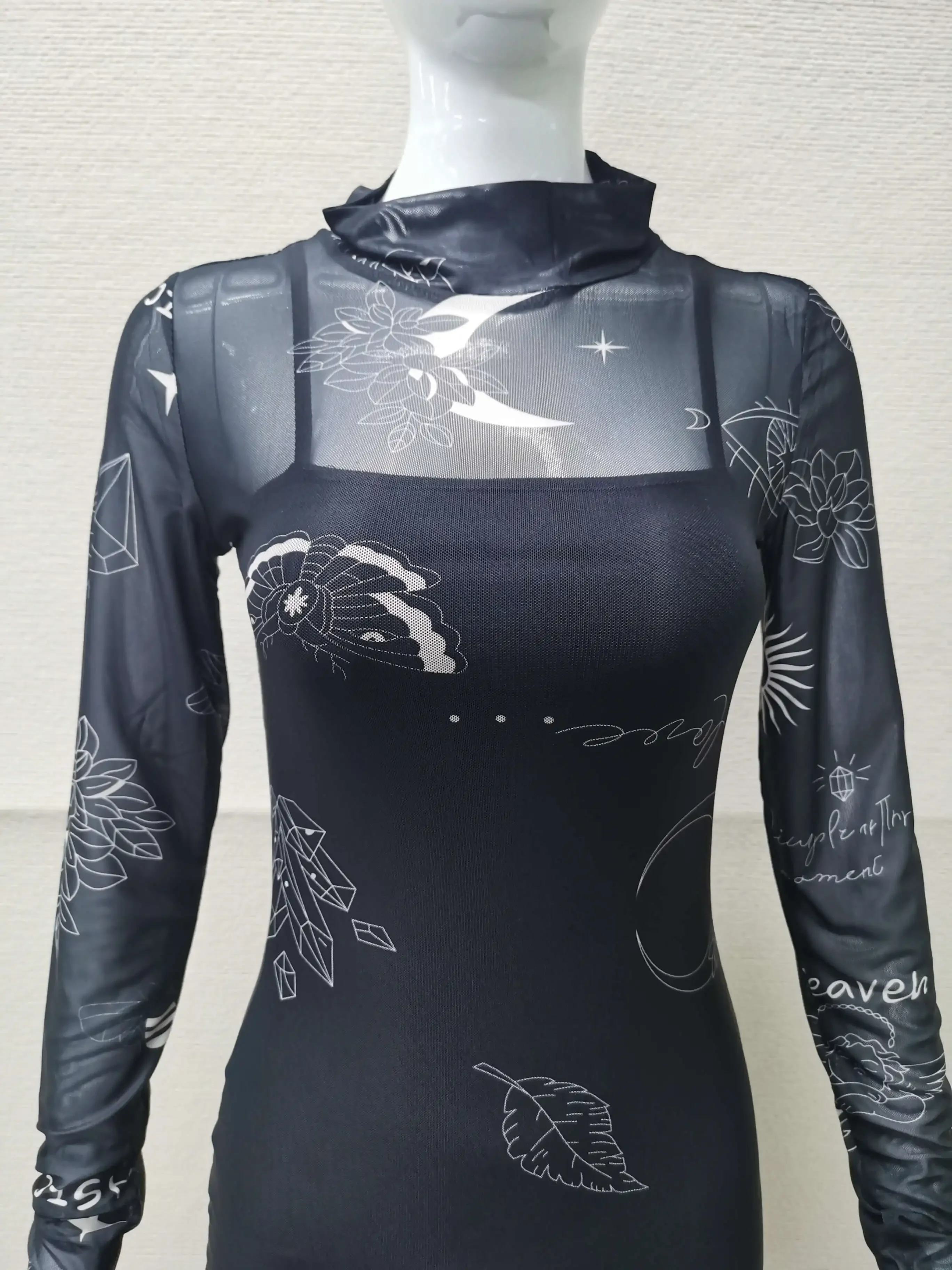 Mesh Bodycon Dress Women Print Midi Dress Night Club Outfit See Through Long Sleeve Dresses Vintage Sexy New In Matching Sets