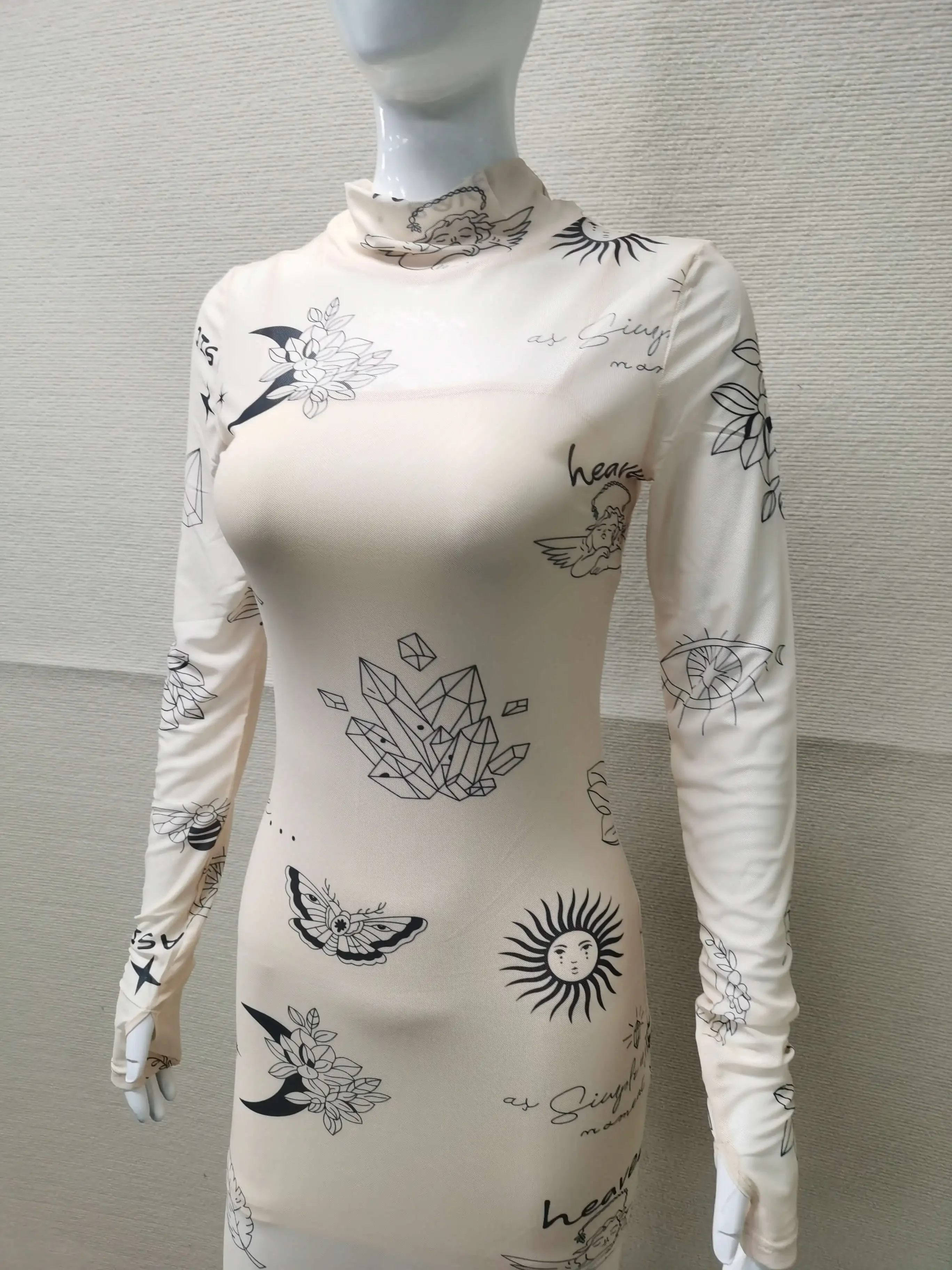 Mesh Bodycon Dress Women Print Midi Dress Night Club Outfit See Through Long Sleeve Dresses Vintage Sexy New In Matching Sets