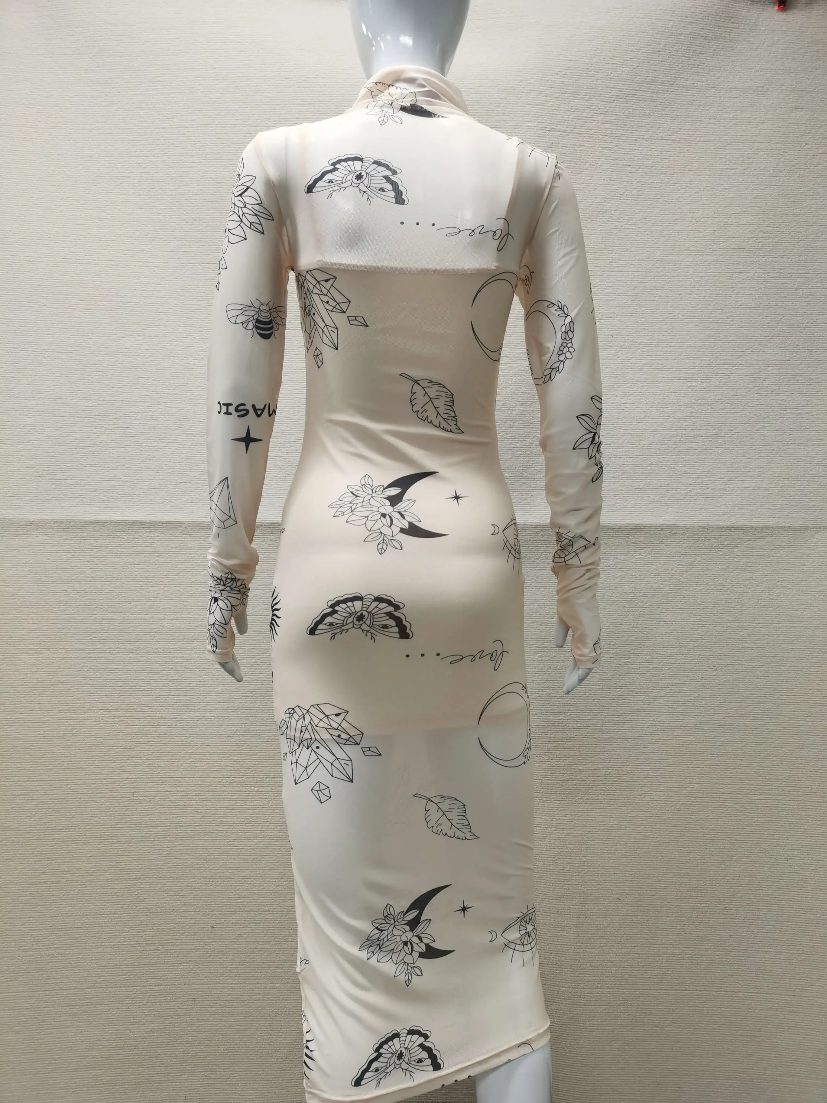 Mesh Bodycon Dress Women Print Midi Dress Night Club Outfit See Through Long Sleeve Dresses Vintage Sexy New In Matching Sets