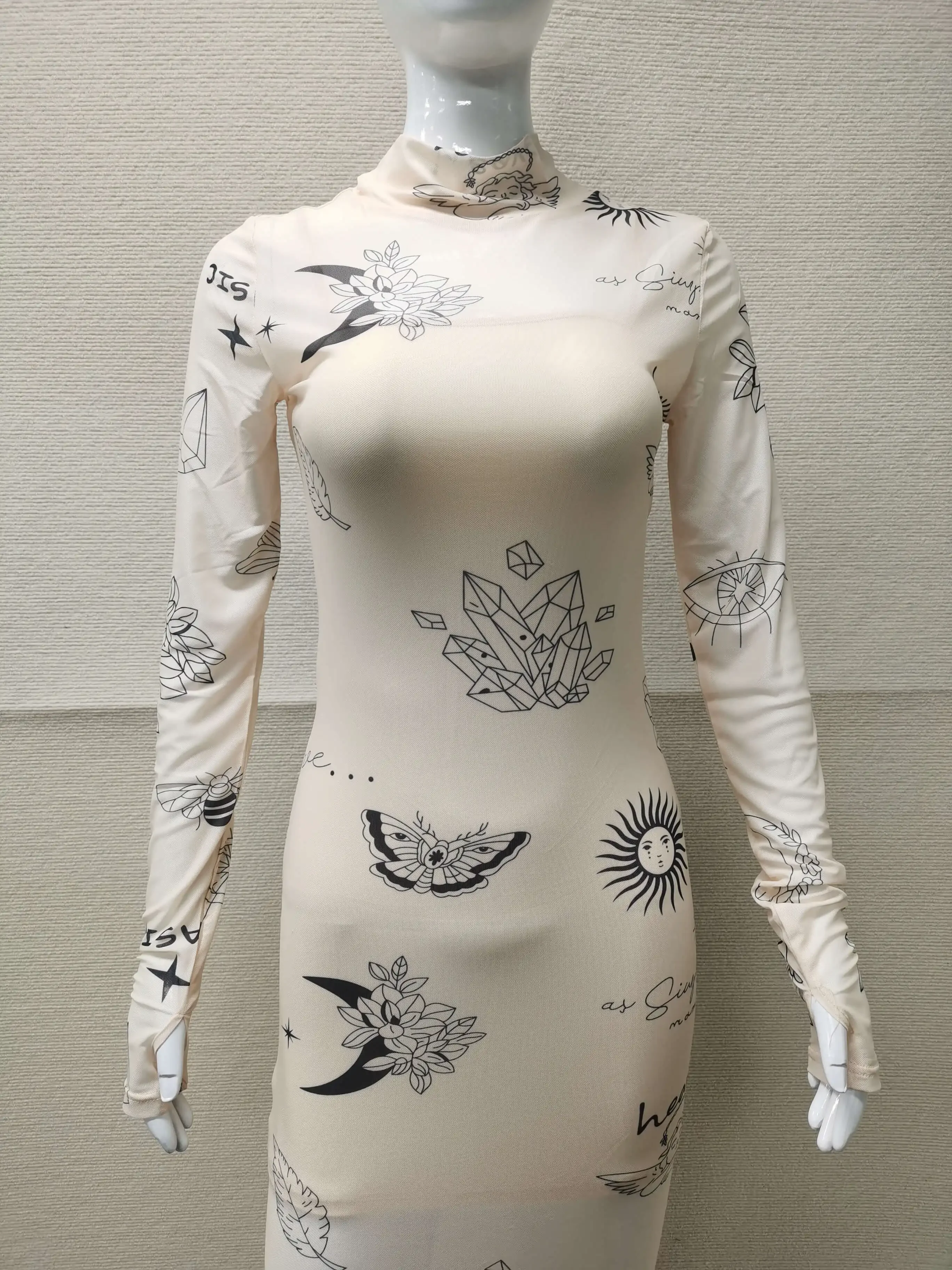 Mesh Bodycon Dress Women Print Midi Dress Night Club Outfit See Through Long Sleeve Dresses Vintage Sexy New In Matching Sets