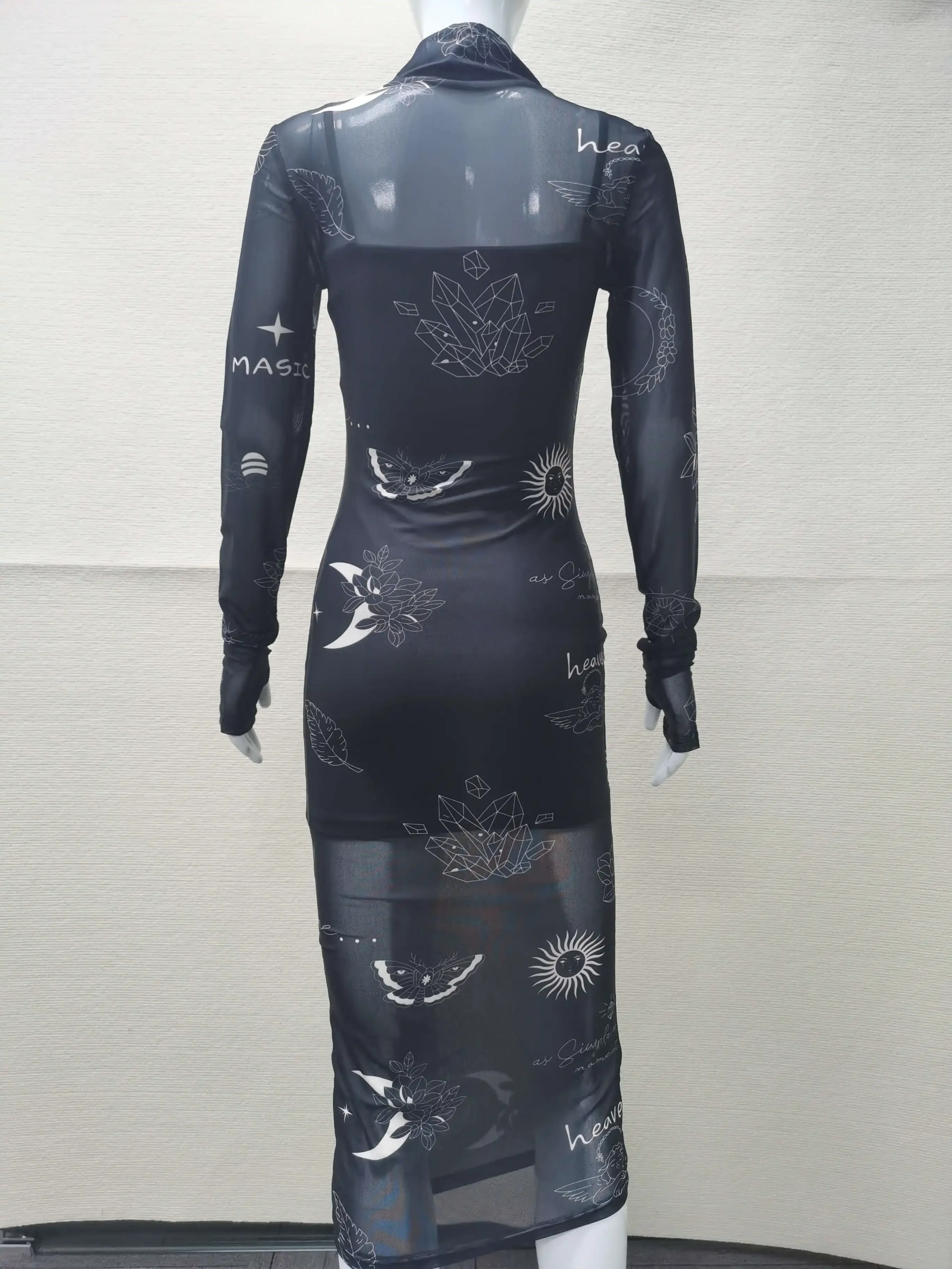 Mesh Bodycon Dress Women Print Midi Dress Night Club Outfit See Through Long Sleeve Dresses Vintage Sexy New In Matching Sets