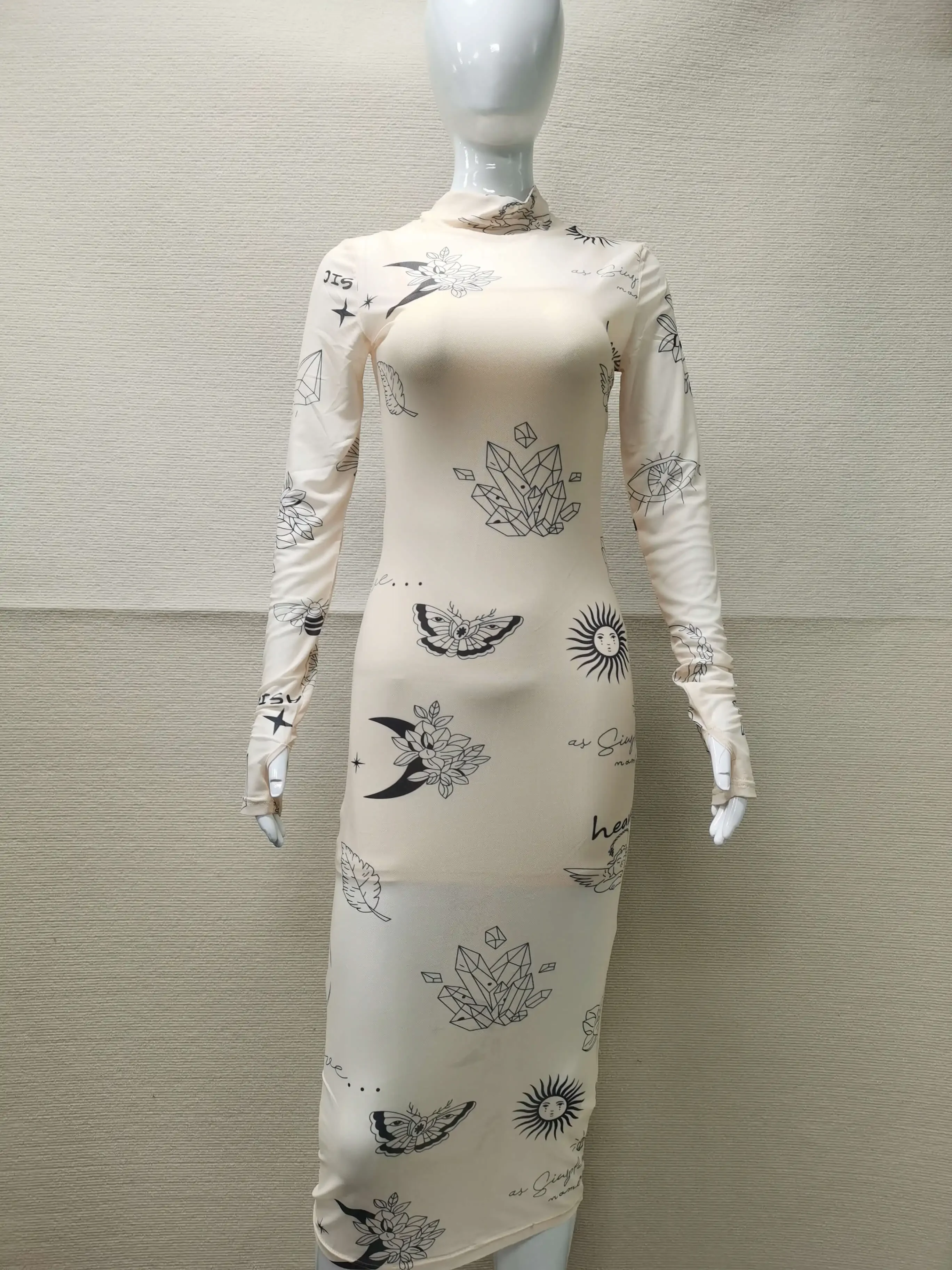 Mesh Bodycon Dress Women Print Midi Dress Night Club Outfit See Through Long Sleeve Dresses Vintage Sexy New In Matching Sets