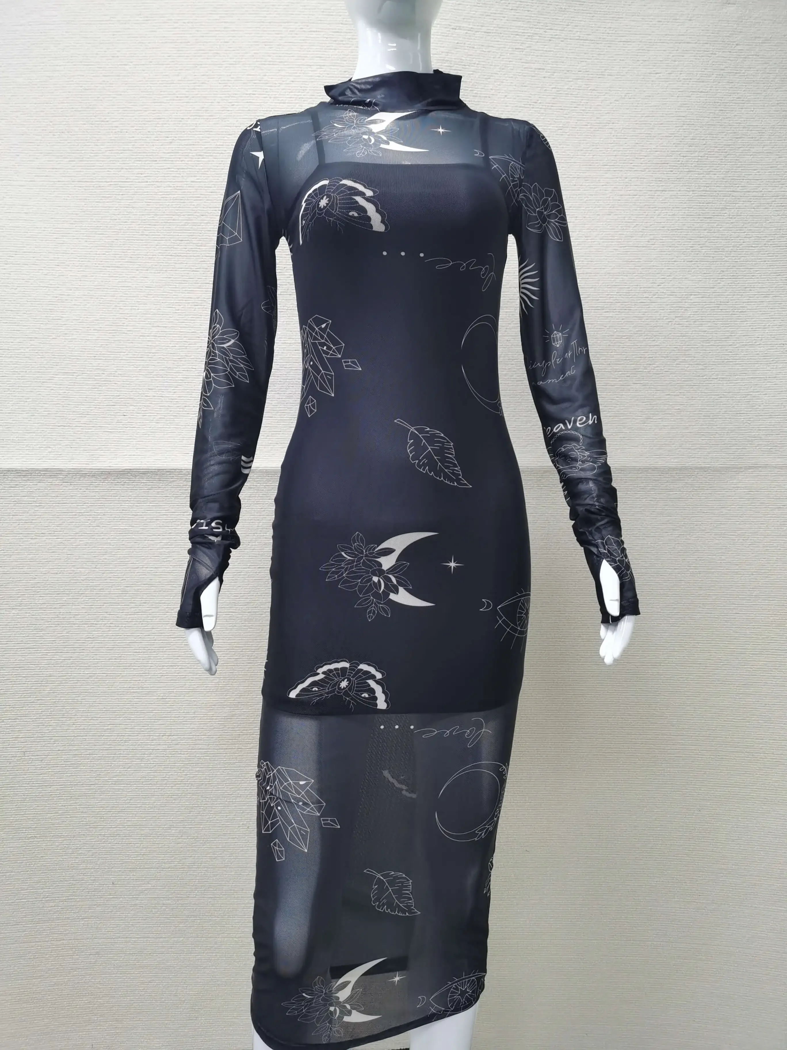 Mesh Bodycon Dress Women Print Midi Dress Night Club Outfit See Through Long Sleeve Dresses Vintage Sexy New In Matching Sets