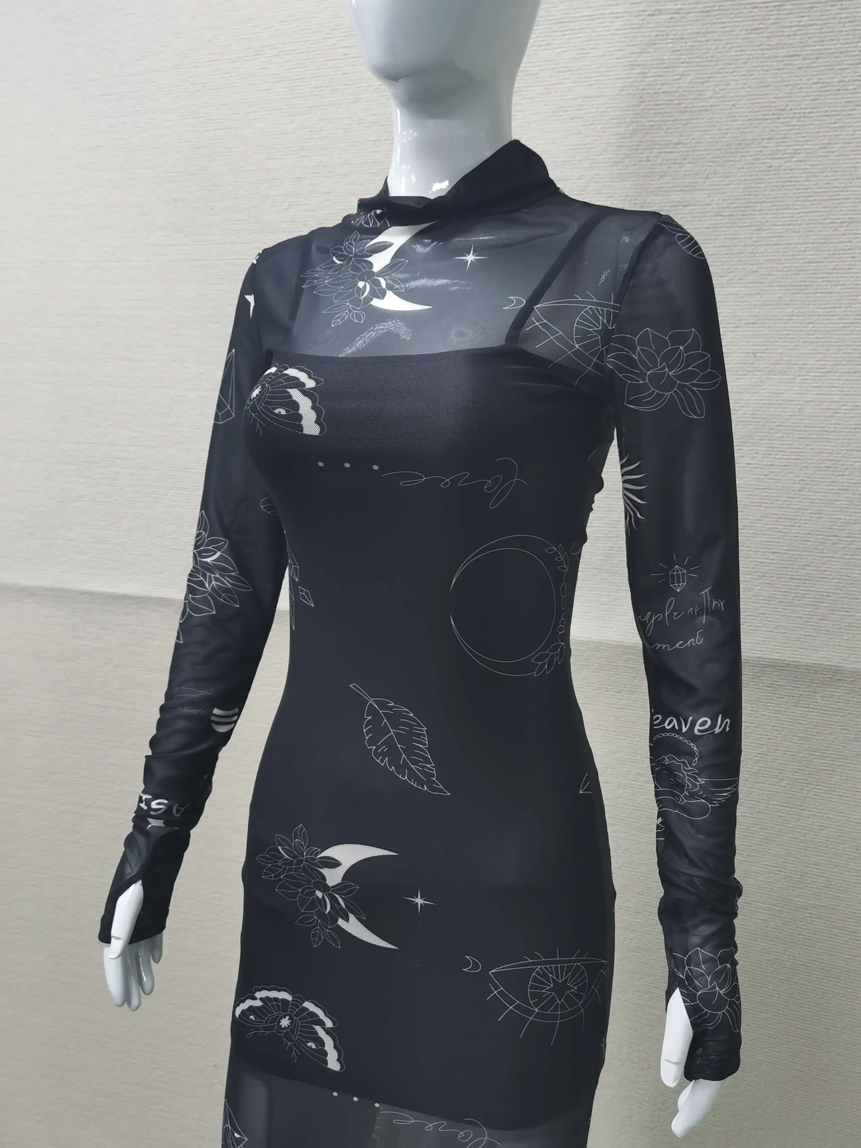 Mesh Bodycon Dress Women Print Midi Dress Night Club Outfit See Through Long Sleeve Dresses Vintage Sexy New In Matching Sets