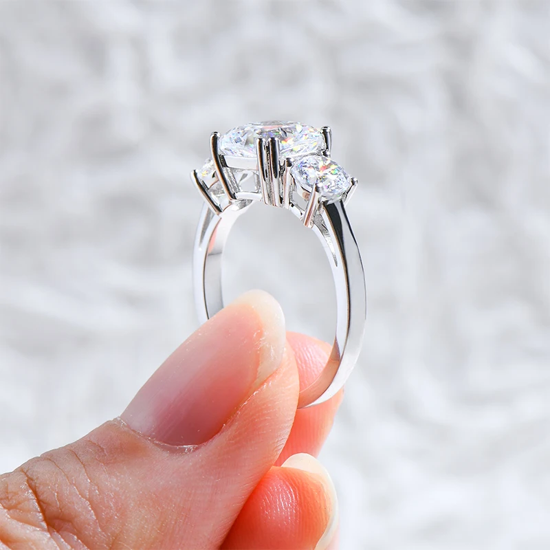 925 Sterling Silver Three Stone Engagement Wedding Ring Luxury Cushion Cut 3.5CTW. Moissanite Promise Band for Women Jewelry