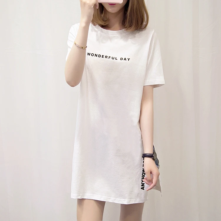 WONDERFUL DAY Print Long T shirts Summer Women Loose Slit Femme Tops Cotton Tshirt Short sleeve Ladies t-shirt