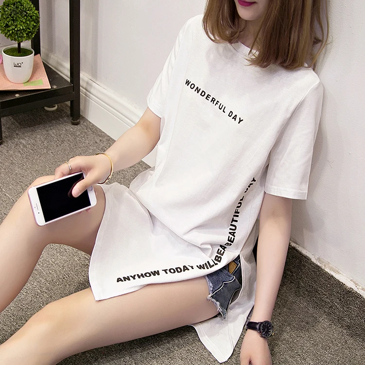 WONDERFUL DAY Print Long T shirts Summer Women Loose Slit Femme Tops Cotton Tshirt Short sleeve Ladies t-shirt