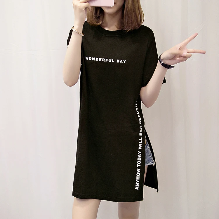 WONDERFUL DAY Print Long T shirts Summer Women Loose Slit Femme Tops Cotton Tshirt Short sleeve Ladies t-shirt