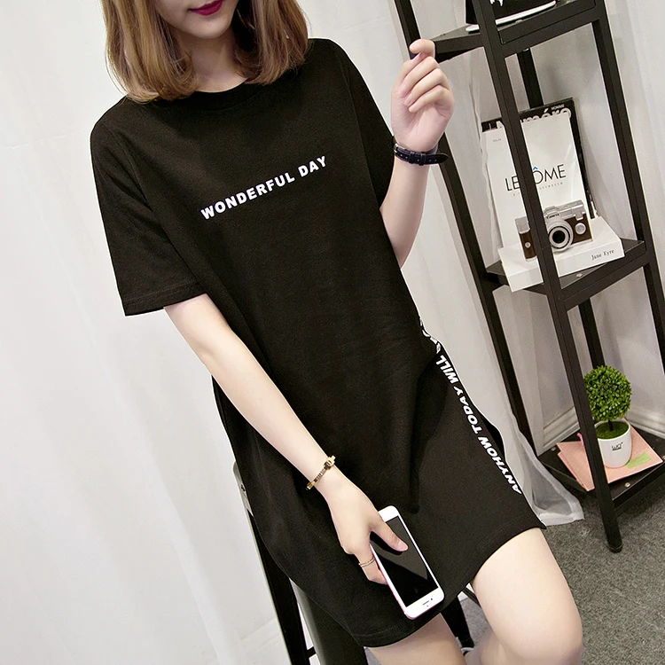 WONDERFUL DAY Print Long T shirts Summer Women Loose Slit Femme Tops Cotton Tshirt Short sleeve Ladies t-shirt