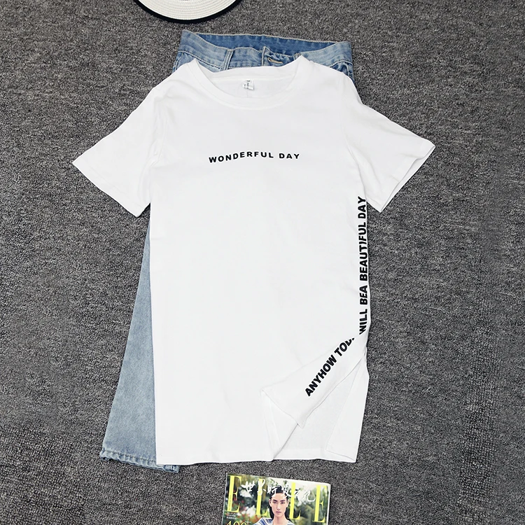 WONDERFUL DAY Print Long T shirts Summer Women Loose Slit Femme Tops Cotton Tshirt Short sleeve Ladies t-shirt
