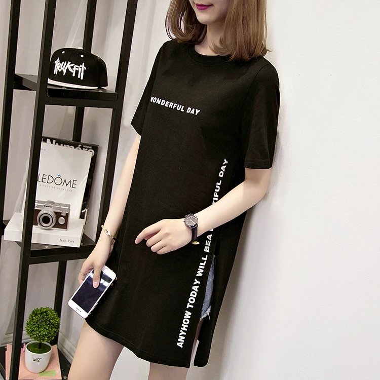 WONDERFUL DAY Print Long T shirts Summer Women Loose Slit Femme Tops Cotton Tshirt Short sleeve Ladies t-shirt