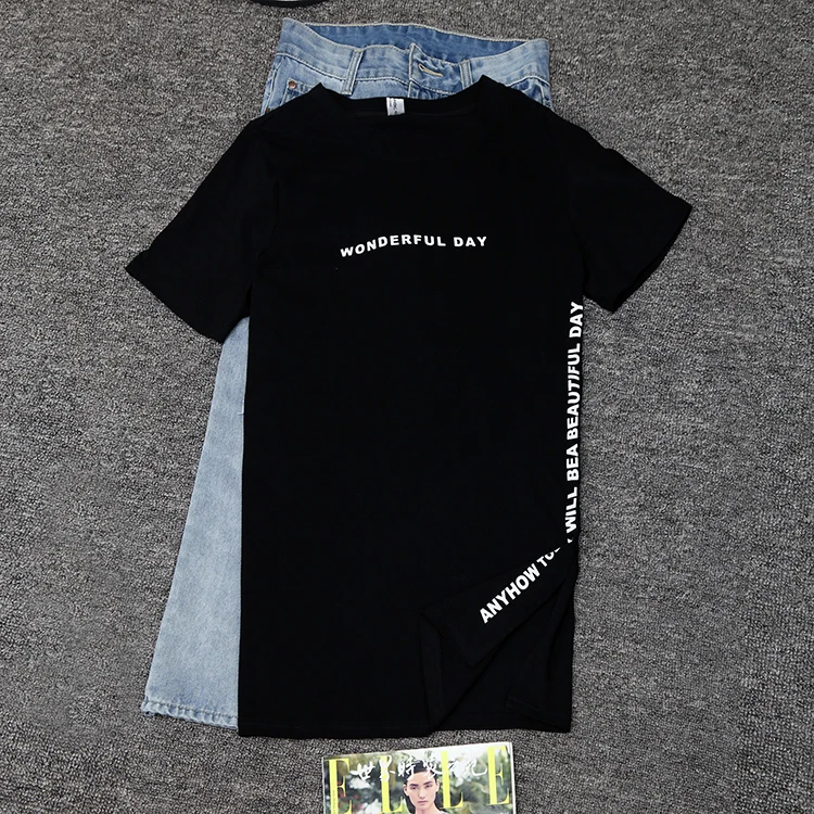 WONDERFUL DAY Print Long T shirts Summer Women Loose Slit Femme Tops Cotton Tshirt Short sleeve Ladies t-shirt