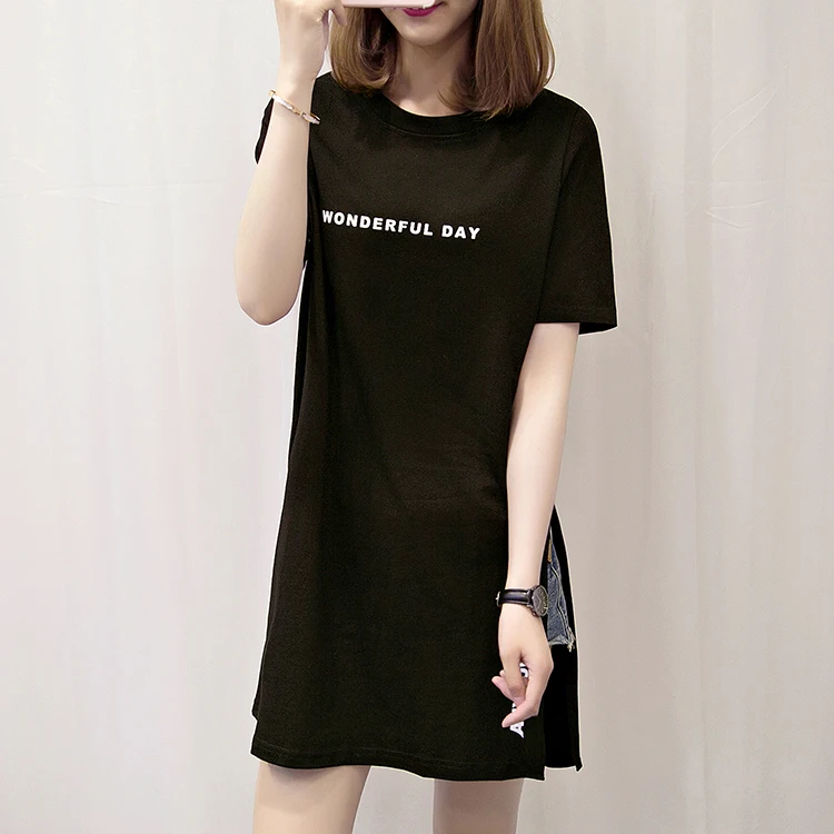 WONDERFUL DAY Print Long T shirts Summer Women Loose Slit Femme Tops Cotton Tshirt Short sleeve Ladies t-shirt