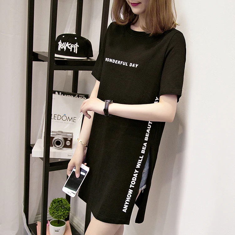 WONDERFUL DAY Print Long T shirts Summer Women Loose Slit Femme Tops Cotton Tshirt Short sleeve Ladies t-shirt