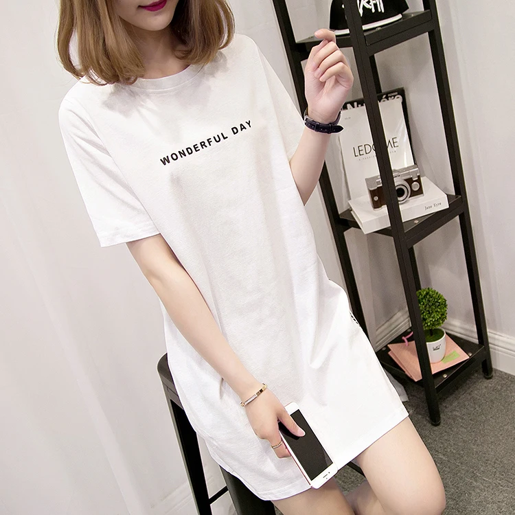 WONDERFUL DAY Print Long T shirts Summer Women Loose Slit Femme Tops Cotton Tshirt Short sleeve Ladies t-shirt