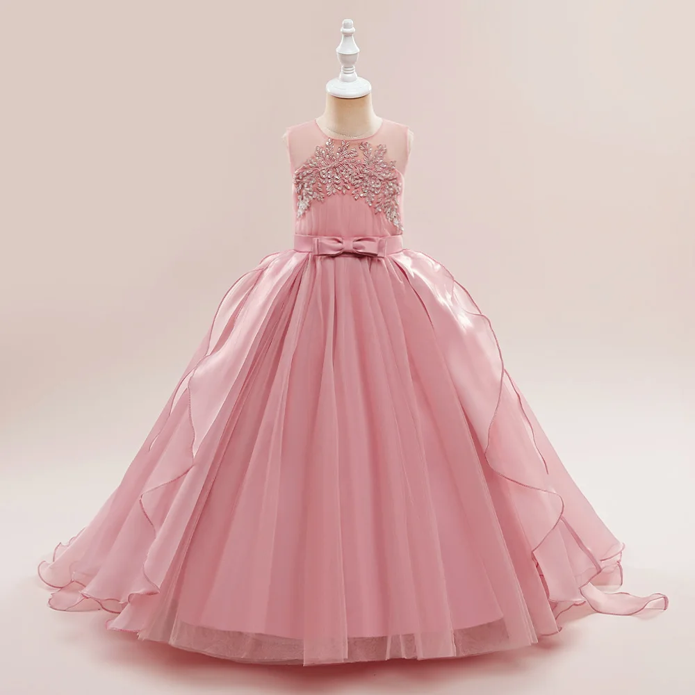 Teens Girls Sequins Princess Party Dresses White Bridesmaid Flower Kids Dresses For Girl Wedding Prom Gown Pink Birthday Vestido