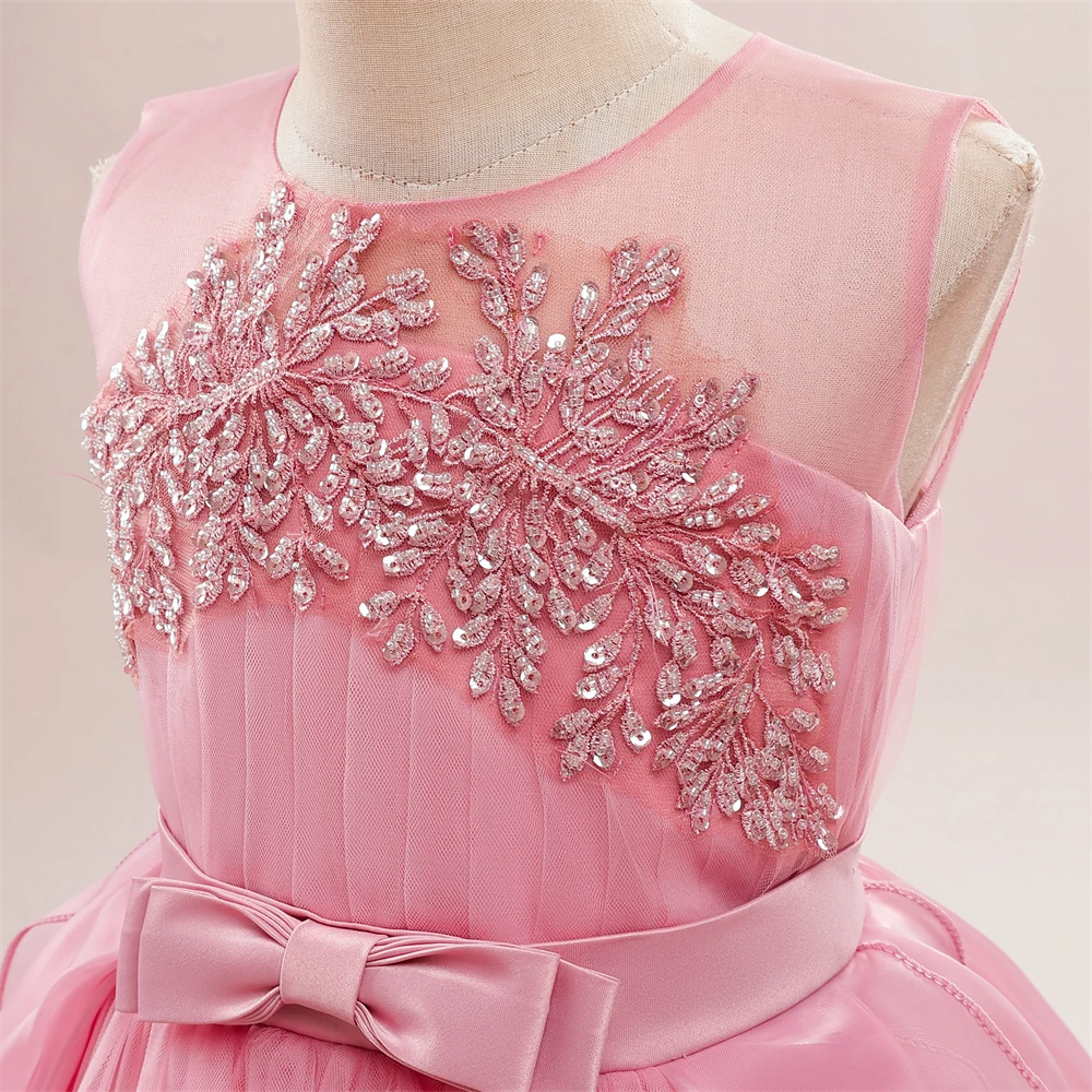 Teens Girls Sequins Princess Party Dresses White Bridesmaid Flower Kids Dresses For Girl Wedding Prom Gown Pink Birthday Vestido