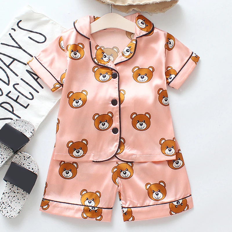 Children's Pajama Set Cartoon Little Bear Girl Ice Silk Satin Top and Pants Set Boys' Pajamas Spring/Summer Baby Set